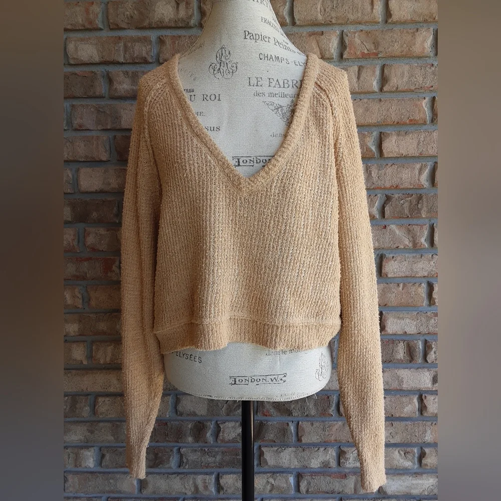 Free People Ochre Cozy V-neck Long Sleeve Knit Sweater.